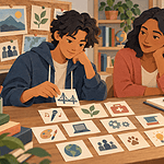 Teenager and parent sorting several career idea cards together at a home desk