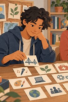 Teenager and parent sorting several career idea cards together at a home desk
