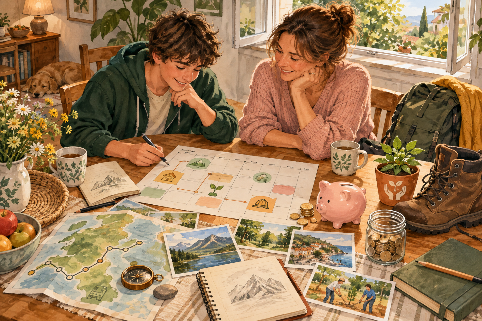 Teen and parent planning a gap year with a calendar, budget and activity ideas