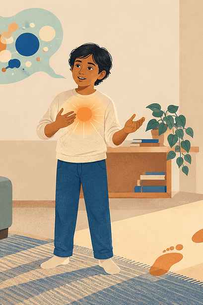 A preteen describes a thought, a warm feeling in the chest and a possible next action while a parent listens.