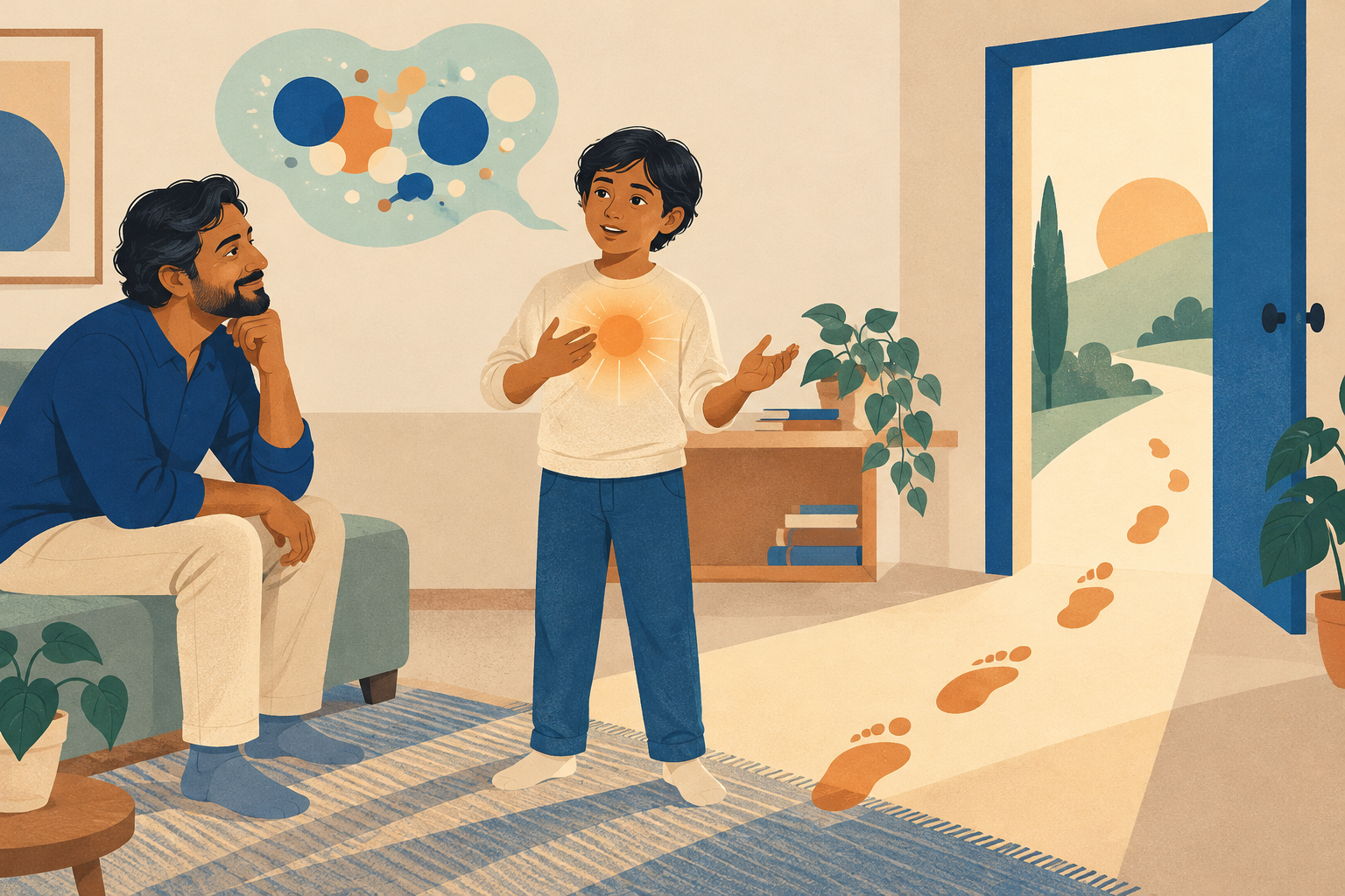 A preteen describes a thought, a warm feeling in the chest and a possible next action while a parent listens.