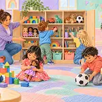 Children freely choosing dolls, blocks, art supplies and a toy vehicle from one shared play area