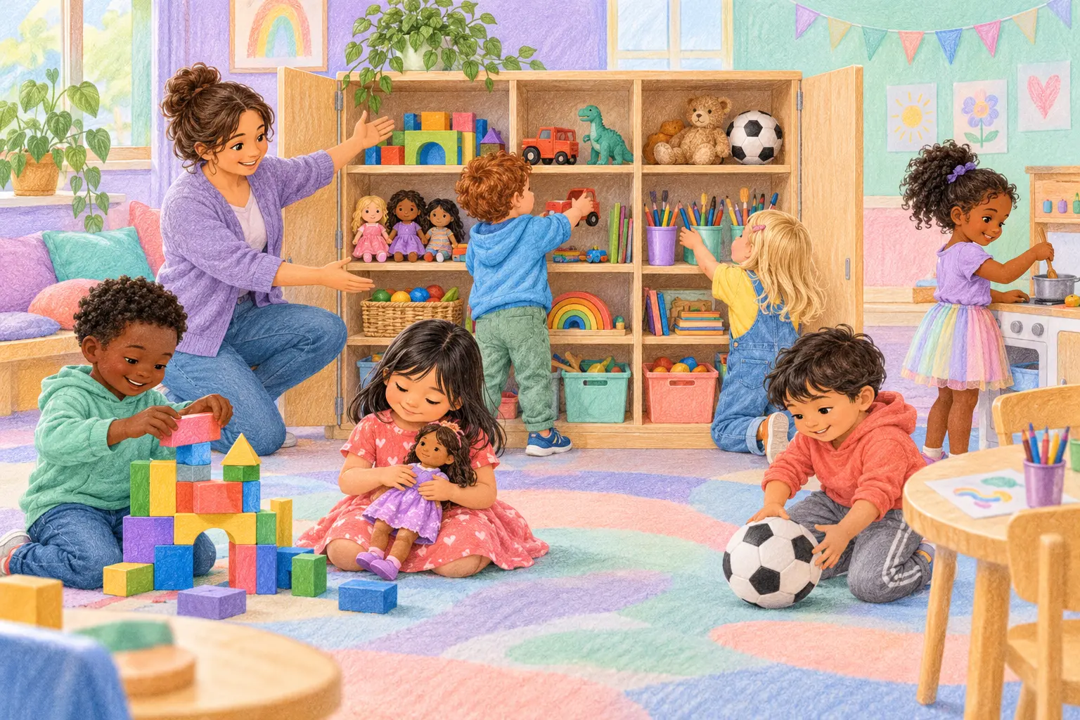 Children freely choosing dolls, blocks, art supplies and a toy vehicle from one shared play area