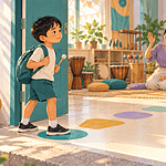 A child takes one small step into a music workshop while a caregiver waits supportively at the doorway.
