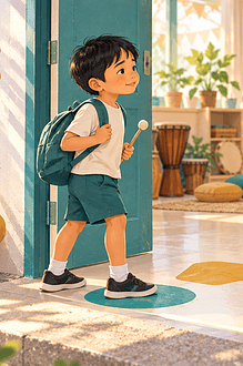 A child takes one small step into a music workshop while a caregiver waits supportively at the doorway.