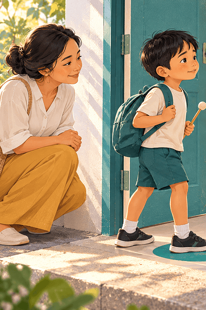 A child takes one small step into a music workshop while a caregiver waits supportively at the doorway.