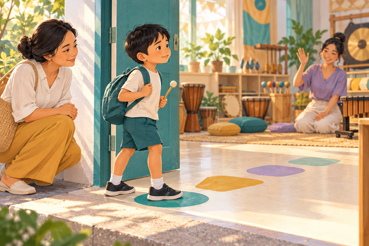 A child takes one small step into a music workshop while a caregiver waits supportively at the doorway.
