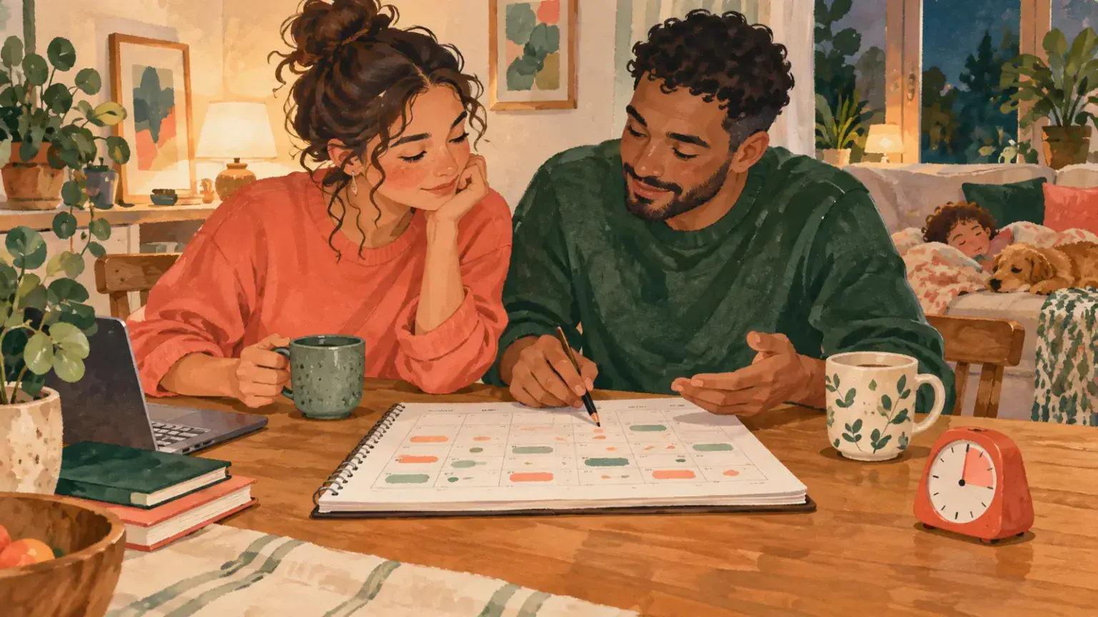 Two co-parents review a weekly calendar together beside a small timer