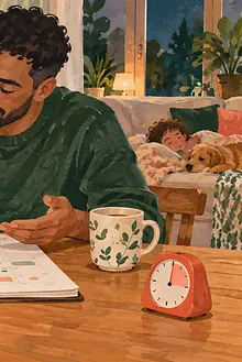 Two co-parents review a weekly calendar together beside a small timer