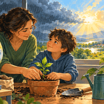 Caregiver and child planting a seedling after talking about climate worries