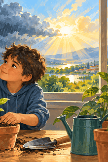 Caregiver and child planting a seedling after talking about climate worries