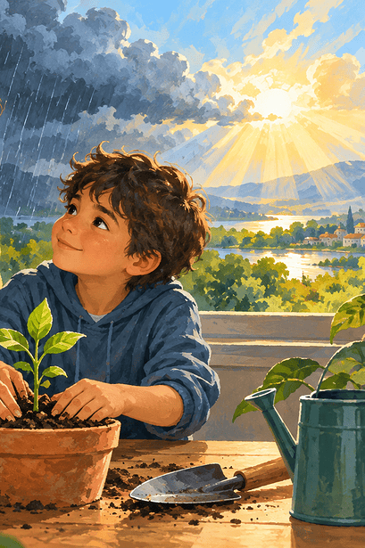 Caregiver and child planting a seedling after talking about climate worries