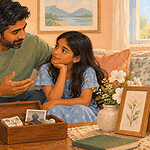 Father and daughter talking beside a memory box and flowers after a family loss