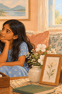 Father and daughter talking beside a memory box and flowers after a family loss