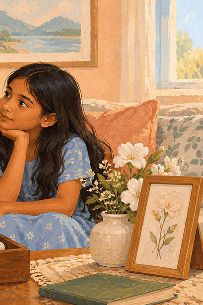 Father and daughter talking beside a memory box and flowers after a family loss