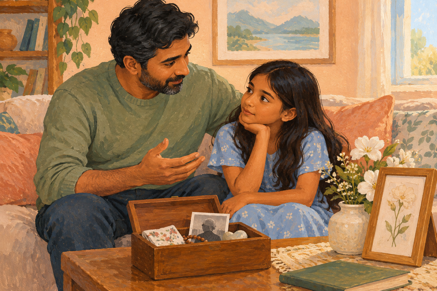 Father and daughter talking beside a memory box and flowers after a family loss