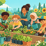 Children with different disabilities and backgrounds gardening together with equal participation