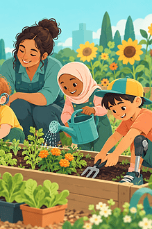 Children with different disabilities and backgrounds gardening together with equal participation