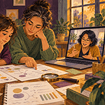 Parent and child reviewing schoolwork with a teacher joining by video