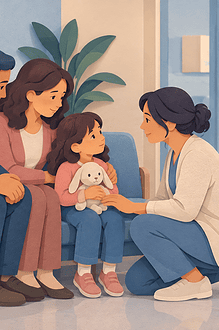 Family and clinician gently explaining a grandparent's serious illness to a child