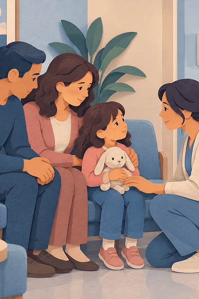 Family and clinician gently explaining a grandparent's serious illness to a child