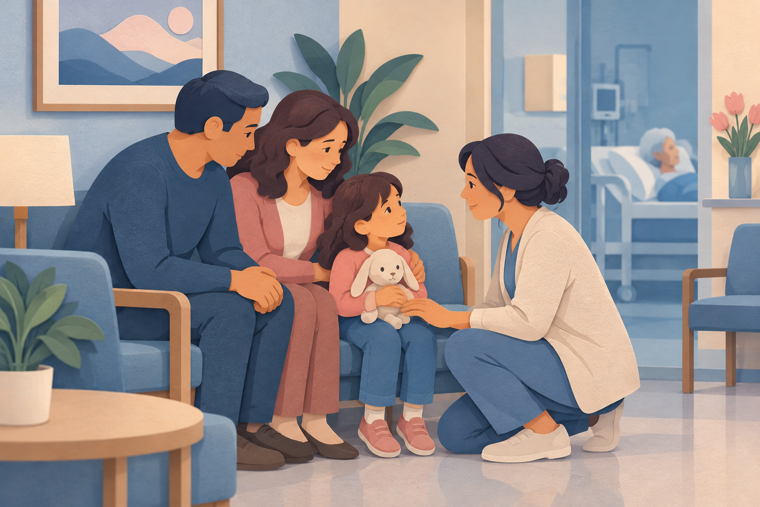 Family and clinician gently explaining a grandparent's serious illness to a child
