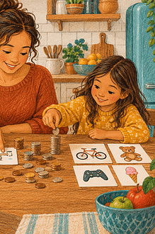 Parent and two children sorting picture cards and coins for a simple family budget
