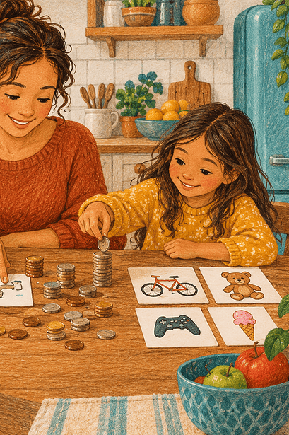Parent and two children sorting picture cards and coins for a simple family budget