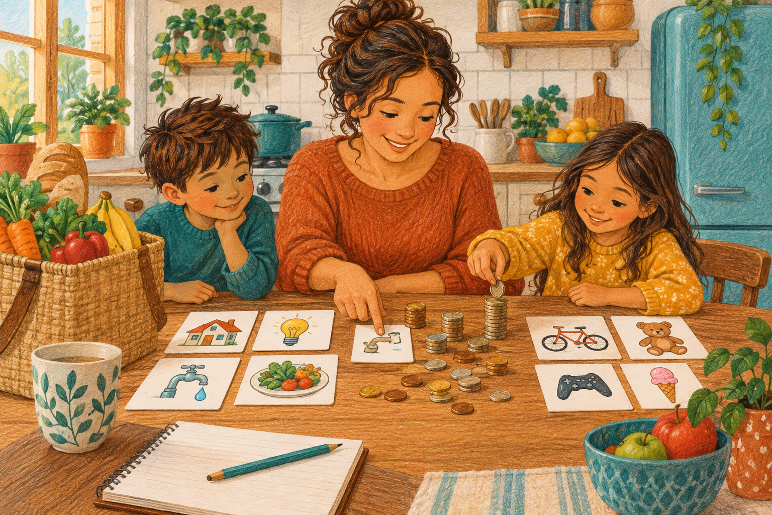 Parent and two children sorting picture cards and coins for a simple family budget