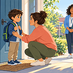 Anxious child with backpack while caregiver listens and school counselor waits supportively