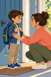 Anxious child with backpack while caregiver listens and school counselor waits supportively