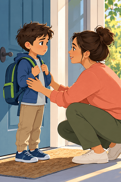 Anxious child with backpack while caregiver listens and school counselor waits supportively