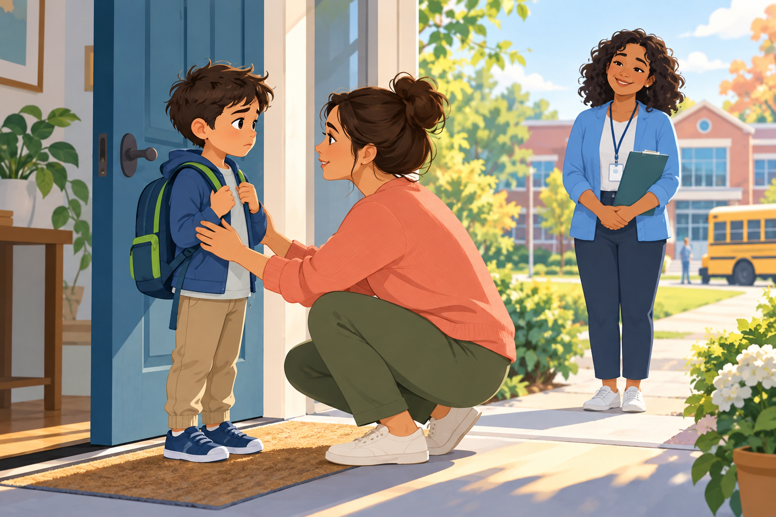 Anxious child with backpack while caregiver listens and school counselor waits supportively