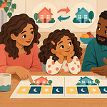Two parents explaining a two-home family plan to their child at the kitchen table