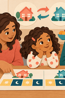 Two parents explaining a two-home family plan to their child at the kitchen table