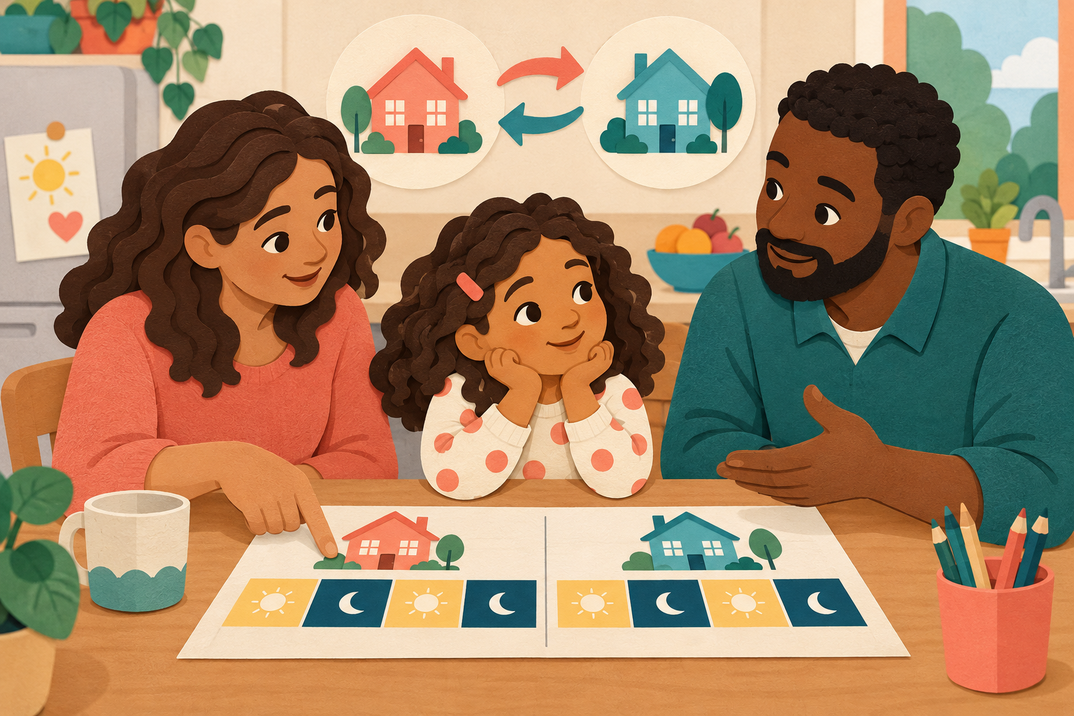Two parents explaining a two-home family plan to their child at the kitchen table