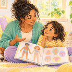 Mother calmly answering a young child's questions with an age-appropriate body book