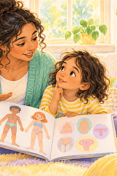 Mother calmly answering a young child's questions with an age-appropriate body book