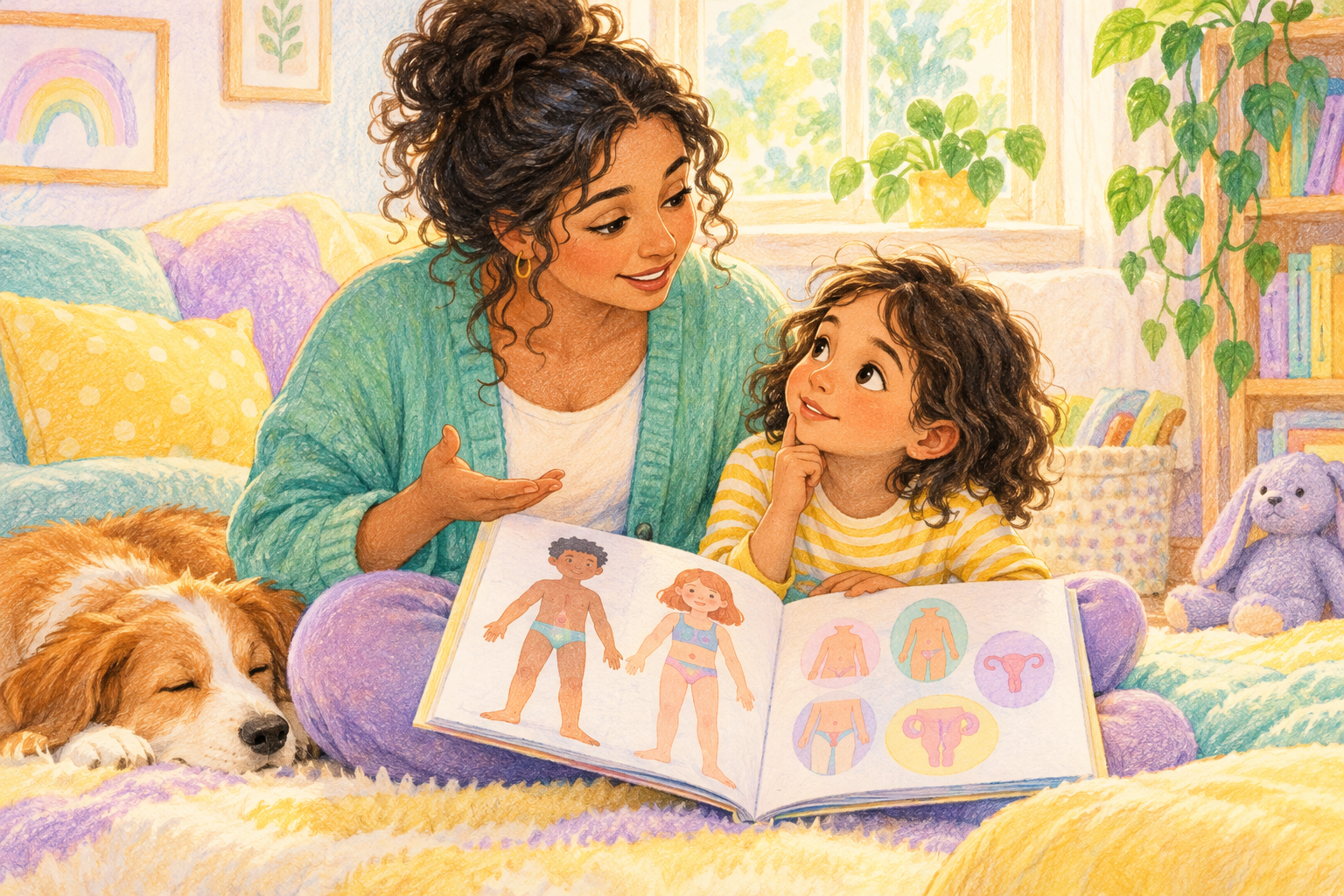 Mother calmly answering a young child's questions with an age-appropriate body book