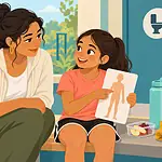 A caregiver and child using a simple body picture beside a water bottle and snack
