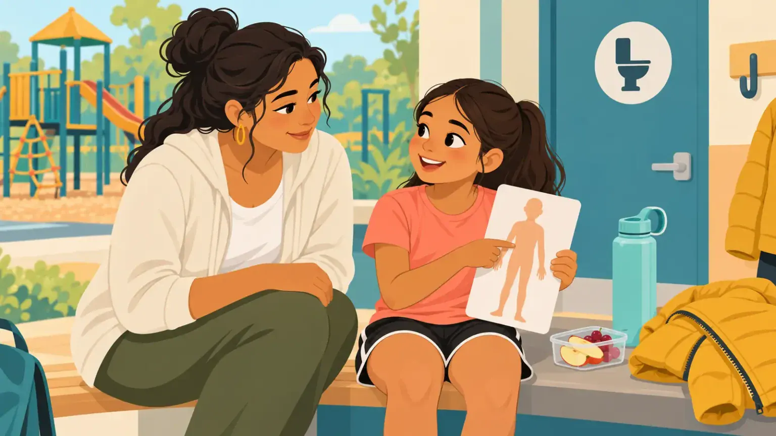 A caregiver and child using a simple body picture beside a water bottle and snack