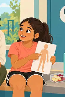 A caregiver and child using a simple body picture beside a water bottle and snack