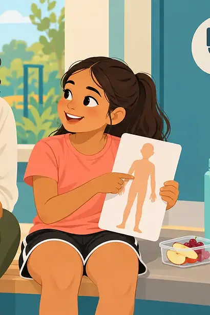 A caregiver and child using a simple body picture beside a water bottle and snack