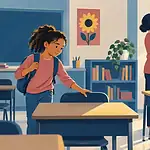 A student choosing a shaded classroom desk while a teacher adjusts a bright window blind