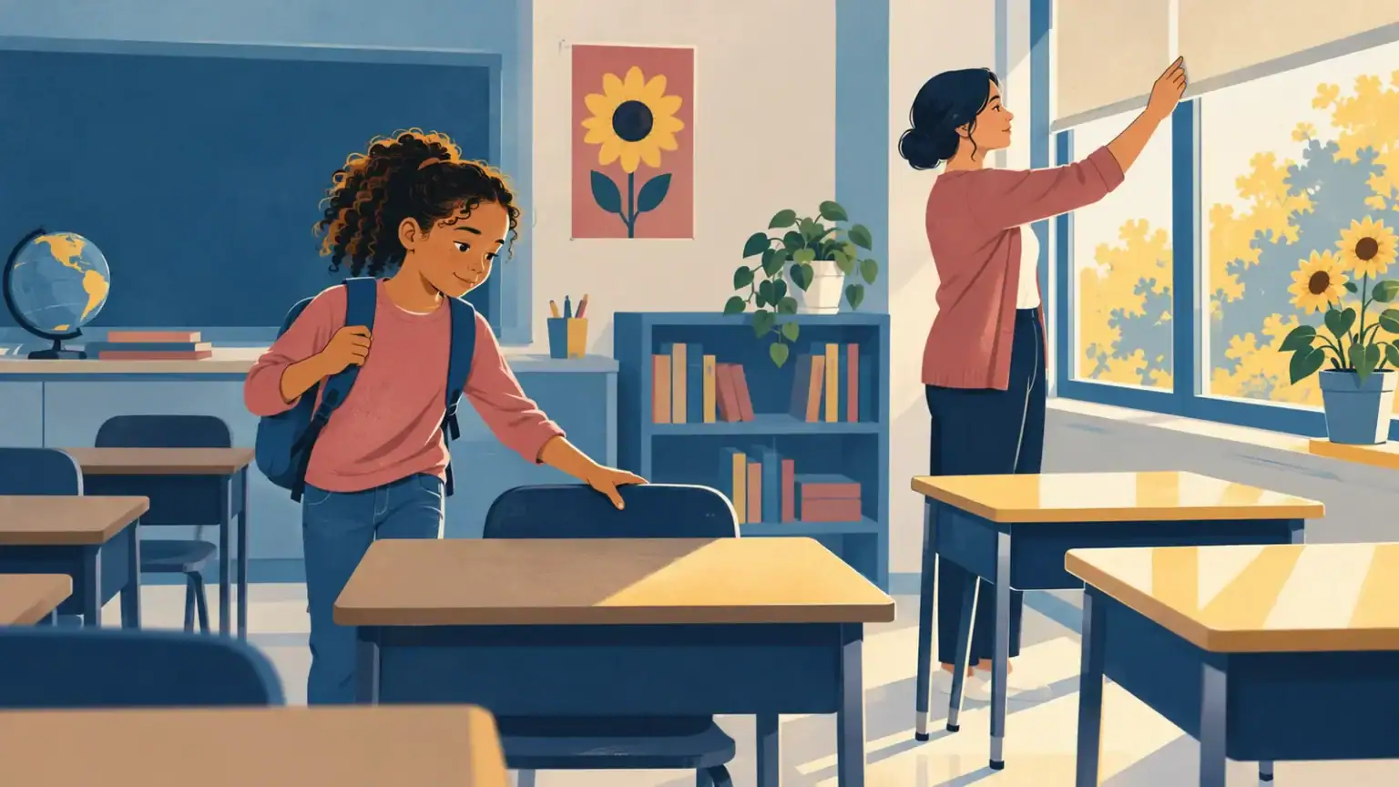 A student choosing a shaded classroom desk while a teacher adjusts a bright window blind