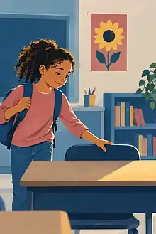 A student choosing a shaded classroom desk while a teacher adjusts a bright window blind