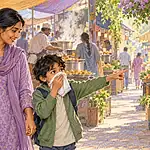 A parent and child choosing a quieter route through a busy food market