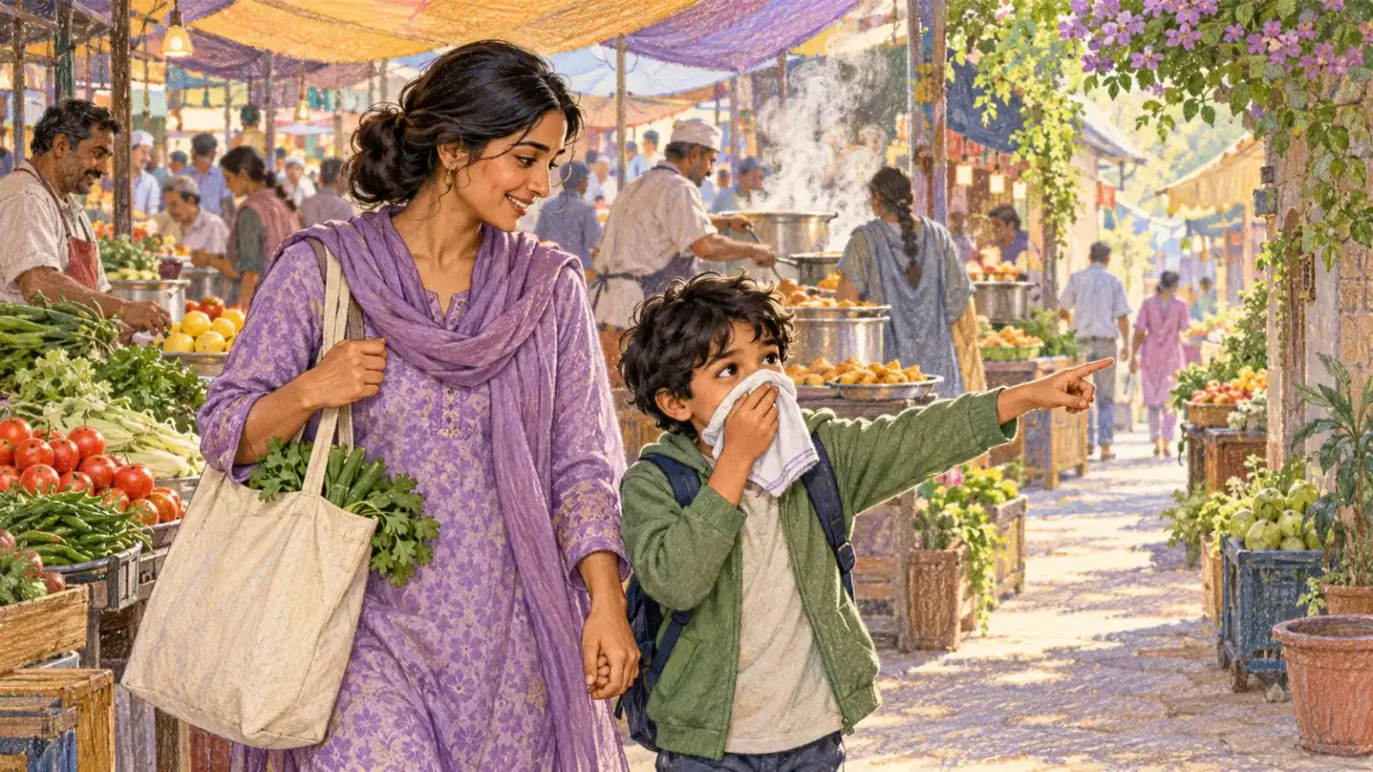 A parent and child choosing a quieter route through a busy food market