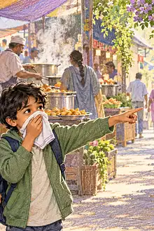 A parent and child choosing a quieter route through a busy food market
