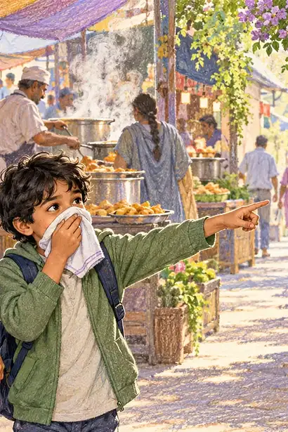 A parent and child choosing a quieter route through a busy food market